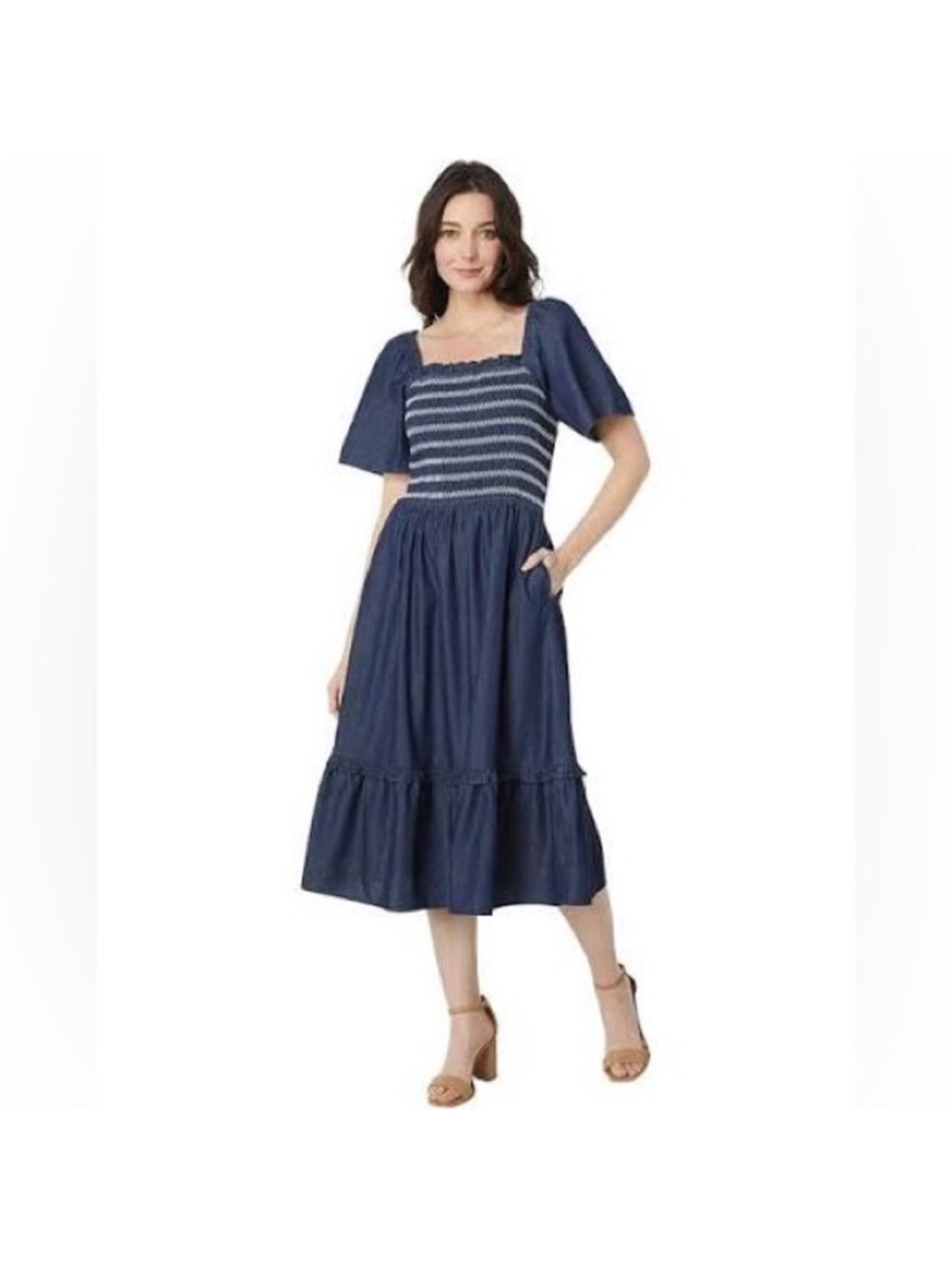 Draper James Deanna Smocked Dress Dark Wash Square Neckline Size M